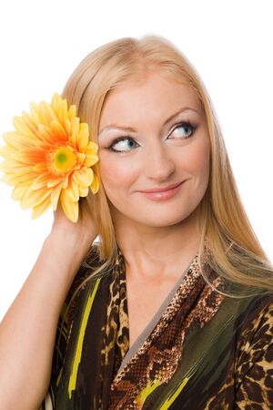 Blonde with yelllow flower isolated on whiteの写真素材