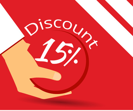 Hand holds a 15 per cent discount on prices. Special offer for holidays and weekends. Design element in a flat style.のイラスト素材