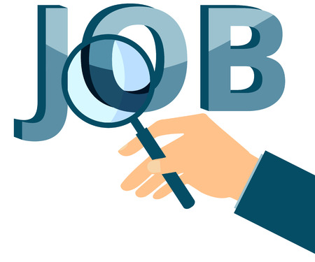 Job search. Hand holding a magnifying glass. The inscription. Job word showing through magnifying glass held by hand.のイラスト素材