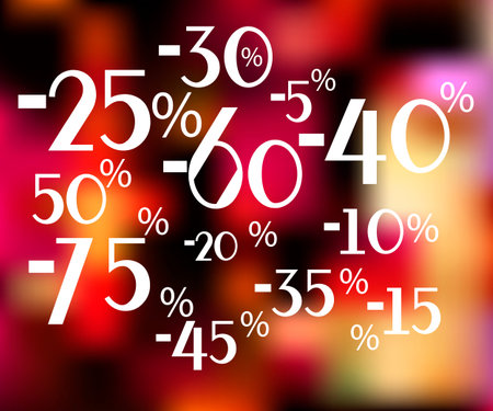 The numbers and the percentage discount on a blurred background. From 5 to 75 percent. Vetornaya...
