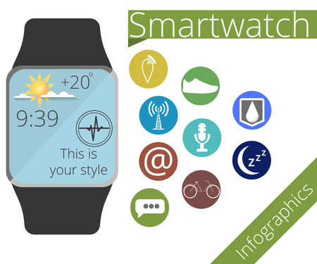 Smart watch. Application icons and function of smart hours. Fitness Tracker. Infographics. illustration in a flat style.のイラスト素材