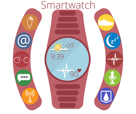 Smart watch. Application icons and function of smart hours. Fitness Tracker. Infographics. Vector illustration in a flat style.のイラスト素材