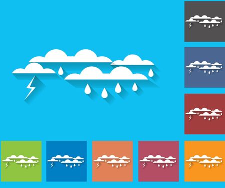 Weather set of icons in a flat style. Storm. Rain clouds and lightning. Multicolored icons for weather forecasting.のイラスト素材