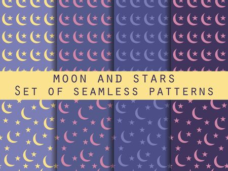 Moon and stars. Set seamless patterns The pattern for wallpaper, bed linen, tiles, fabrics, backgrounds. Vector illustration.のイラスト素材