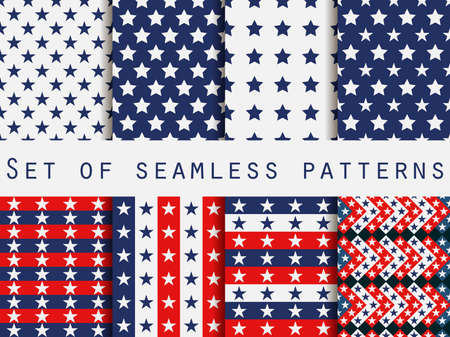 Stars. Set seamless patterns. Red, blue and white color. The pattern for wallpaper, bed linen, tiles, fabrics, backgrounds. Vector illustration.のイラスト素材
