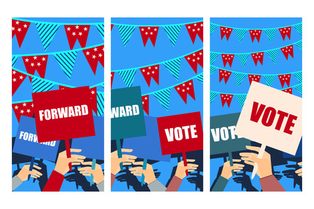 Election campaign, election vote, election poster, holding posters, election banner, supporting team, voters support, people with placards. Vector.のイラスト素材