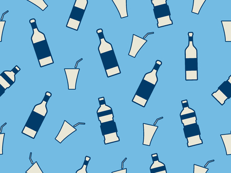 Seamless pattern with bottles on a blue background. Bottles with a stroke. Vector illustration.のイラスト素材