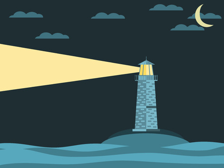 The lighthouse in the sea. Lighthouse at night. Waves and lighthouse.のイラスト素材