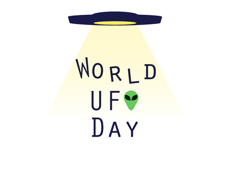 World UFO Day, UFO with beam, alien abductions. Flying saucer. UFO icon vector illustration.のイラスト素材
