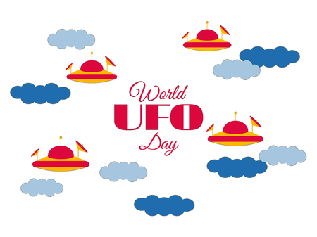 World UFO Day. Paper clouds and flying saucer UFO in the clouds. Flying saucer. UFO icon vector illustration.のイラスト素材