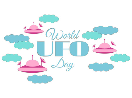 World UFO Day. Paper clouds and flying saucer UFO in the clouds. Flying saucer. UFO icon vector illustration.のイラスト素材
