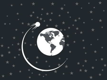 The satellite revolves around a planet in space. Vector illustration.のイラスト素材