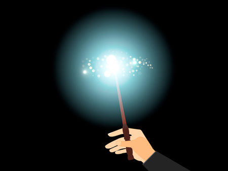 Hand holding a magic wand. Magic bright light with sparks. Vector illustration.のイラスト素材