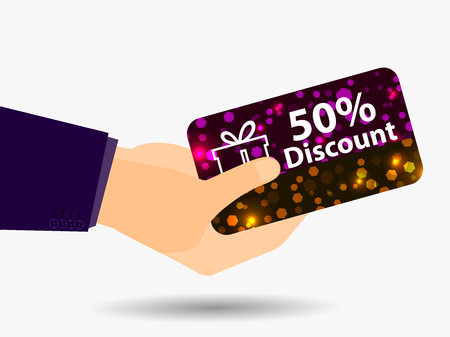 Coupon for a 50-percent discount in the hand. Gift card with bright sparks. Vector illustration.のイラスト素材