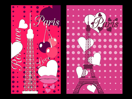 Paris poster with heart. Romantic collage from the Eiffel Tower, a cherry and a kiss. France. Vector illustration.のイラスト素材
