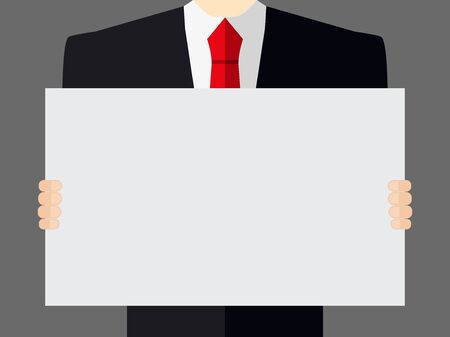 Man holds a placard. Man in a suit holding poster. Vector illustration.のイラスト素材