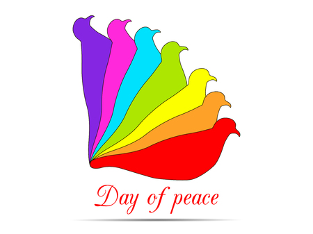 Pigeons on a white background. Doves in the colors of the rainbow. International Day of Peace. Vector illustrations.のイラスト素材