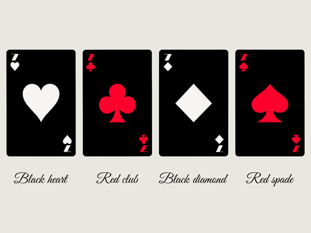 7 game cards suit other colors. Black hearts and diamonds, red spades and clubs. Vector illustration.のイラスト素材