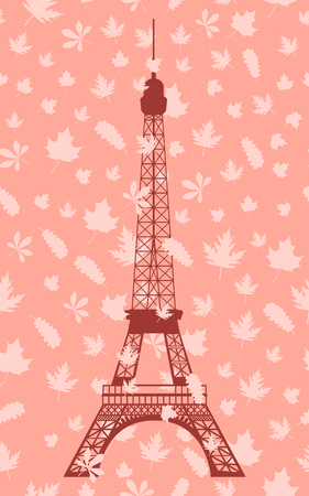Eiffel Tower on the background of autumn leaves. Seamless pattern with leaves in the background. Vector illustration.のイラスト素材