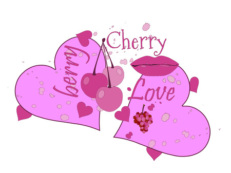 Background with kiss, berries and hearts, romantic poster. Illustration for t-shirts. Typography graphic print on white background. Vector illustration.のイラスト素材