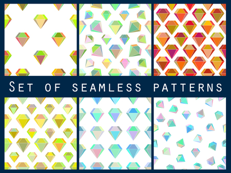 Set of seamless patterns with colorful diamonds. The faceted diamond. Vector illustration.のイラスト素材