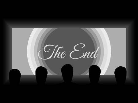 Cinema, theater light from the screen. Shadows of people on the background screen. The view from the back row of the cinema. Vector illustration.のイラスト素材