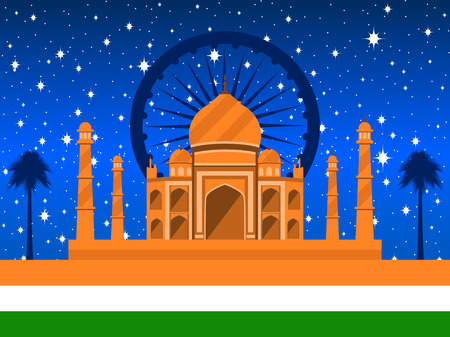 Republic Day of India. Taj Mahal with flag and palms on the background of a starry sky. Vector illustration.のイラスト素材