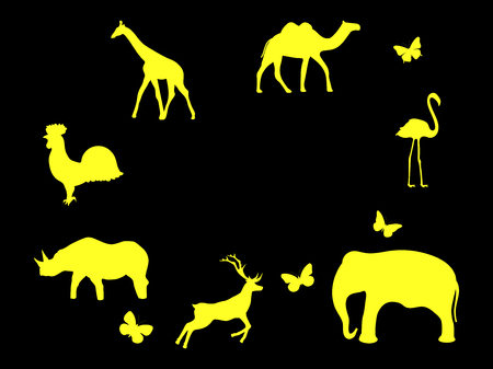 Set of animals. Mammals, birds and insects. Yellow icons on a black background. Vector illustrationのイラスト素材