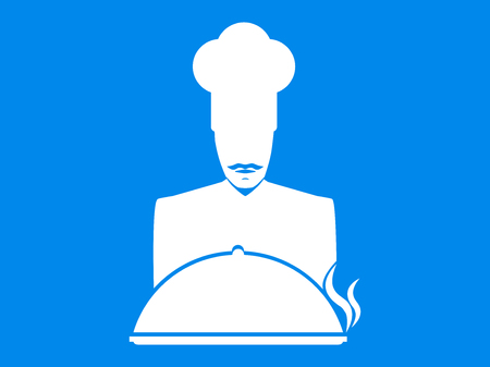 Cook. Mustachioed chef with a dish icon on a blue background. Vector illustrationのイラスト素材