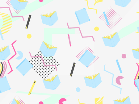 Memphis seamless pattern with books. Geometric elements memphis in the style of 80's. Vector illustrationのイラスト素材