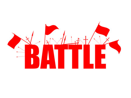 Battle, red flags with text, arrows and swords isolated on white background. Vector illustrationのイラスト素材