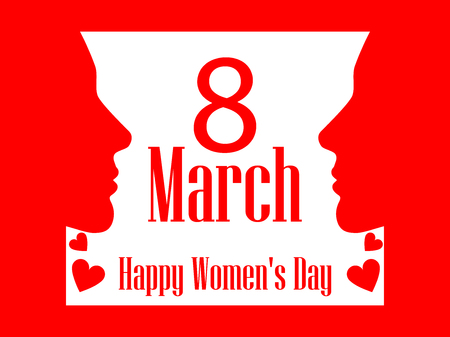 Happy Women's Day greeting card. 8 March. Female face with the text of congratulations. Holiday card. Vector illustrationのイラスト素材