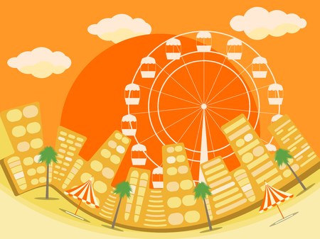 City landscape with beach. A resort town on the beach. Palms and attractions. Vector illustrationのイラスト素材