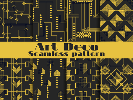 Art deco seamless pattern. Set retro backgrounds, gold and black color. Style 1920's, 1930's. Vector illustration.のイラスト素材