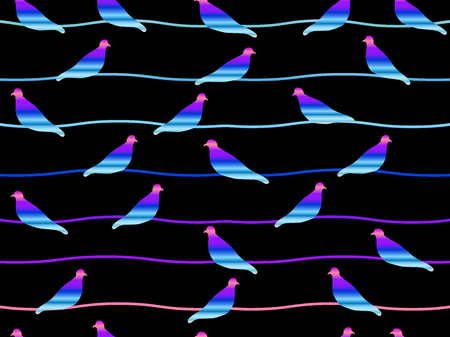 Seamless pattern with doves on wires. Neon birds in the style of the 80s - 90s. Vector illustrationのイラスト素材