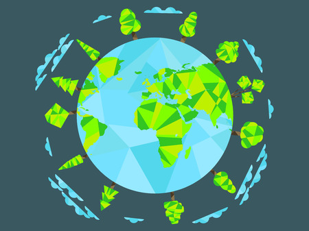 Earth Day.  Low poly planet and polygonal trees. World Environment Day. Vector illustrationのイラスト素材