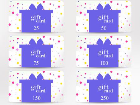 Gift card with a gift box on a background of colorful circles. Festive discount card. Vector illustrationのイラスト素材