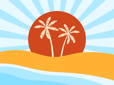 Coast. Beach with palm trees. Sunrise. Vector illustrationのイラスト素材