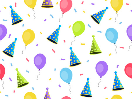 Seamless pattern with balloons and caps, confetti. A festive background of gift wrappers, wallpaper, fabrics. Vector illustrationのイラスト素材