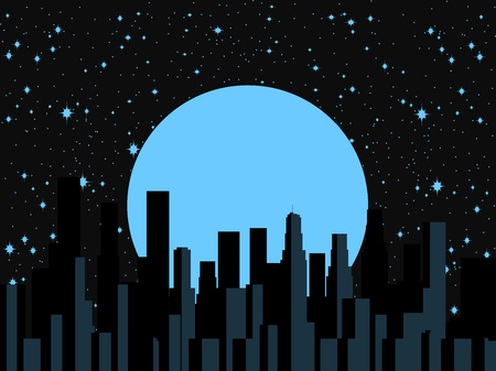 Night city, moon and stars. Panorama of the city, skyscrapers. Vector illustrationのイラスト素材
