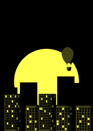 Skyscrapers night. Panorama of a big city in retro style. Yellow with black. Hot air balloon over the city. Vector illustrationのイラスト素材