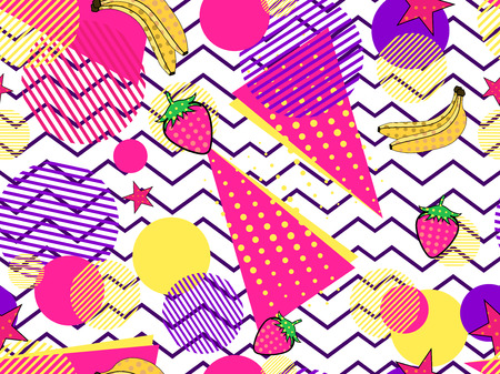 Fruity seamless pattern with memphis elements and pop art style. Striped background. Vector illustrationのイラスト素材