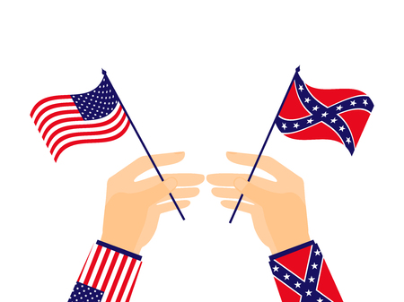 Hand holds the flag of the United States of America and the Confederates. Vector illustrationのイラスト素材