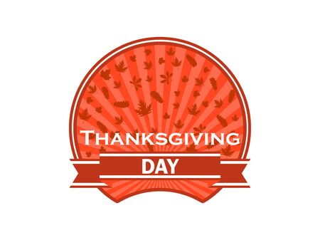 Thanksgiving Day label on white background. Autumn leaves and ribbon. Vector illustrationのイラスト素材
