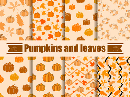 Pumpkins and leaves seamless pattern. Collection of autumn backgrounds. Vector illustrationのイラスト素材