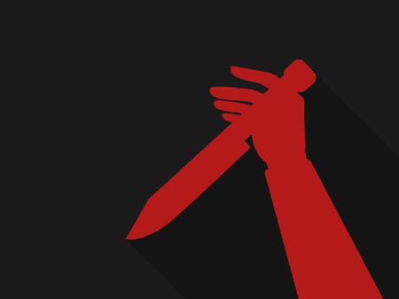 Hand holding a knife. Red outline in retro style, noir. Halloween background. Vector illustrationのイラスト素材