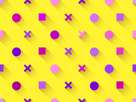 Seamless pattern with geometric shapes, square, circle with shadow on a yellow background. Purple, burgundy and pink. Vector illustrationのイラスト素材