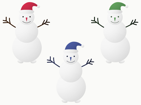 Snowman in Santa Claus hat set. Buttons instead of eyes, branches instead of hands. Vector Illustrationのイラスト素材