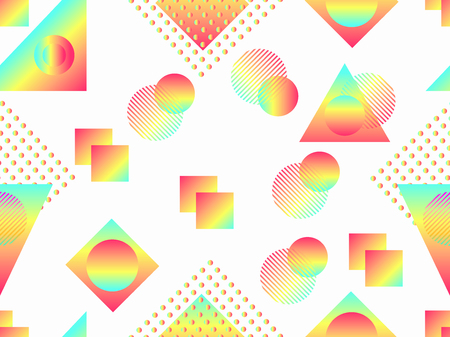 Memphis seamless pattern. Holographic geometric shapes, gradients, retro style of the 80s. Memphis design background. Vector illustrationのイラスト素材
