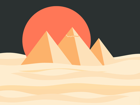 Egyptian pyramids landscape. Red sun in the desert vector illustration.のイラスト素材